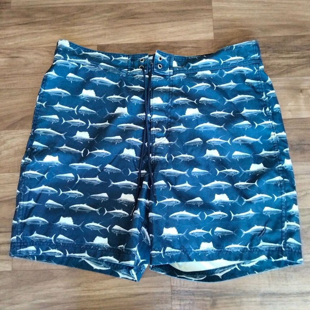 Nautica Swim Trunks Mens L Navy Blue Board Shorts Logo Swordfish All Over Print - Picture 8 of 9